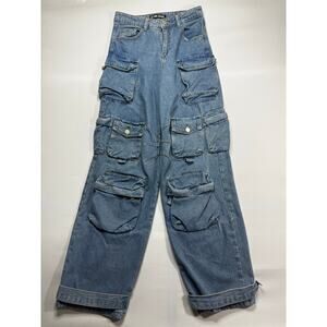 The Kript Women's Baggy Wide Leg Cargo Blue Denim Jeans - Size XS (26x32.5)